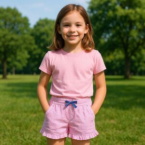 Mini Boden Girls Shorts White Pink Seersucker Cotton Ruffle Elastic Lined Sz 8Y